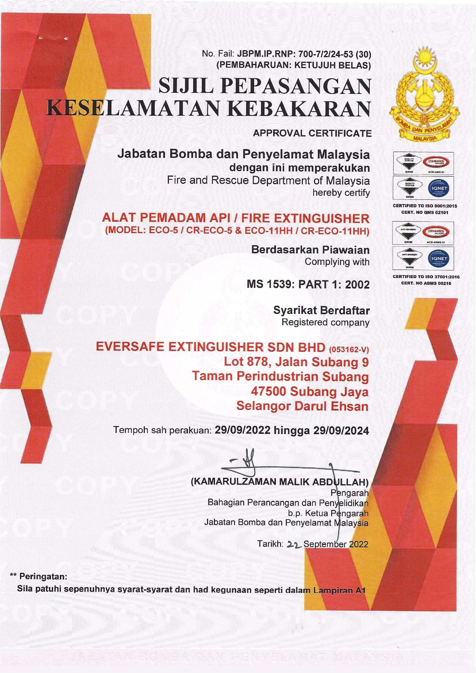 Bomba Approval Certificate CO2